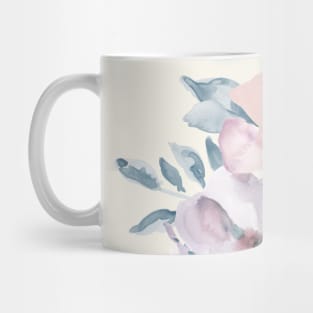 Watercolor of pink and purple flowers over blue background Mug